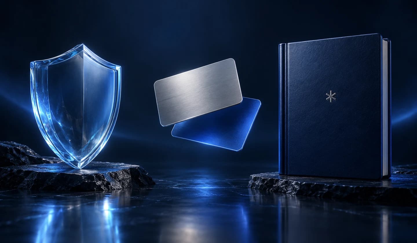 Glass shield, metal digital cards and a book representing the ecosystem’s digital collection