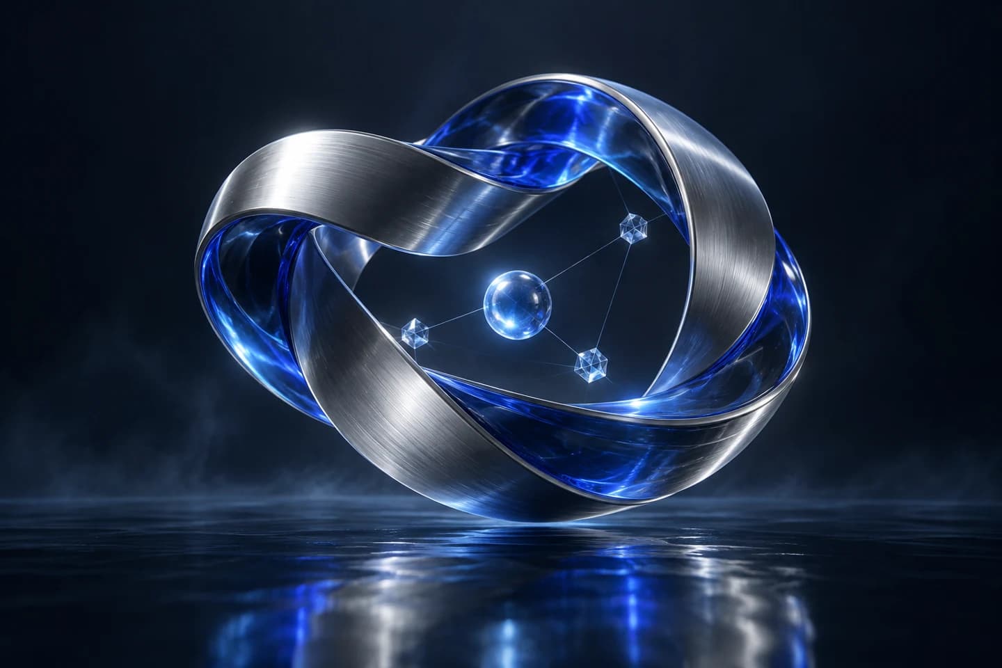 Blue glass and titanium loop surrounding connected network nodes